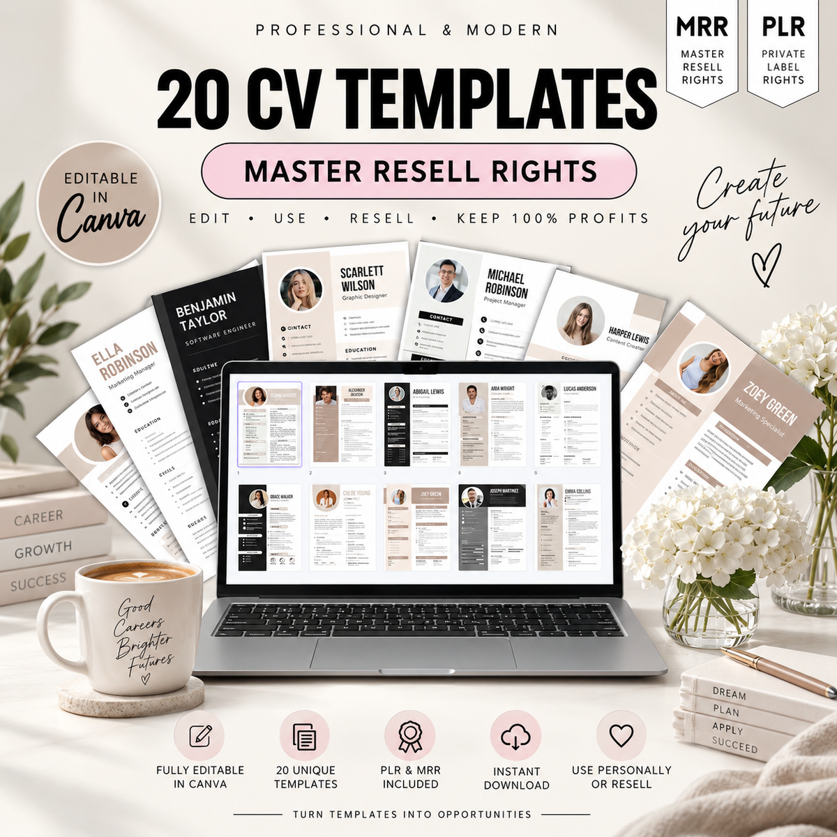 20 CV Resume Templates Bundle | Master Resell Rights + PLR | Canva Templates