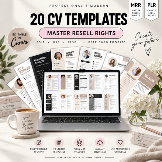 20 CV Resume Templates Bundle | Master Resell Rights + PLR | Canva Templates