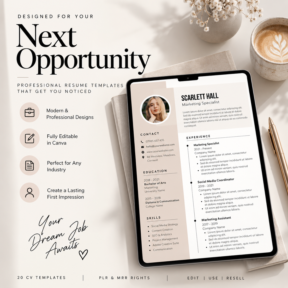 20 CV Resume Templates Bundle | Master Resell Rights + PLR | Canva Templates