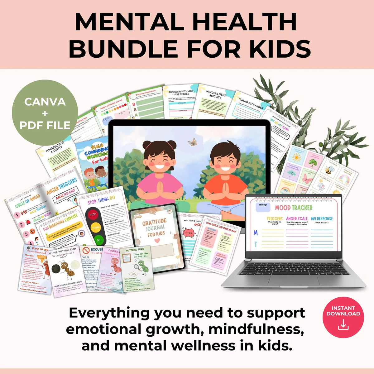 Kids Mental Health Bundle | PLR Canva Templates | Mindfulness, Anxiety, Anger, Gratitude, Worksheets for Children | Instant Download