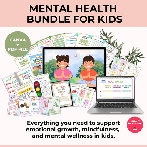 Kids Mental Health Bundle | PLR Canva Templates | Mindfulness, Anxiety, Anger, Gratitude, Worksheets for Children | Instant Download