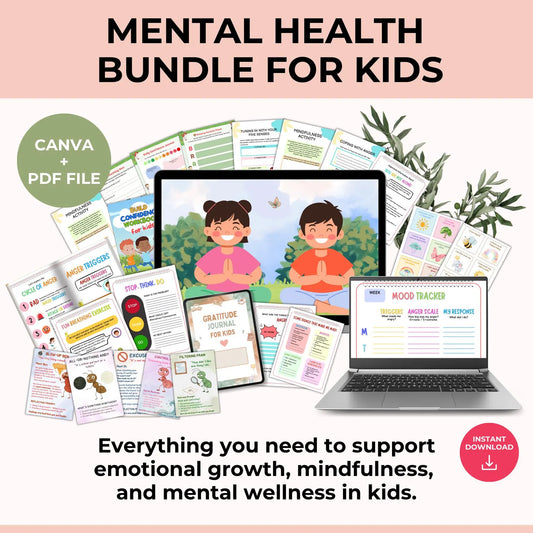 Kids Mental Health Bundle | PLR Canva Templates | Mindfulness, Anxiety, Anger, Gratitude, Worksheets for Children | Instant Download