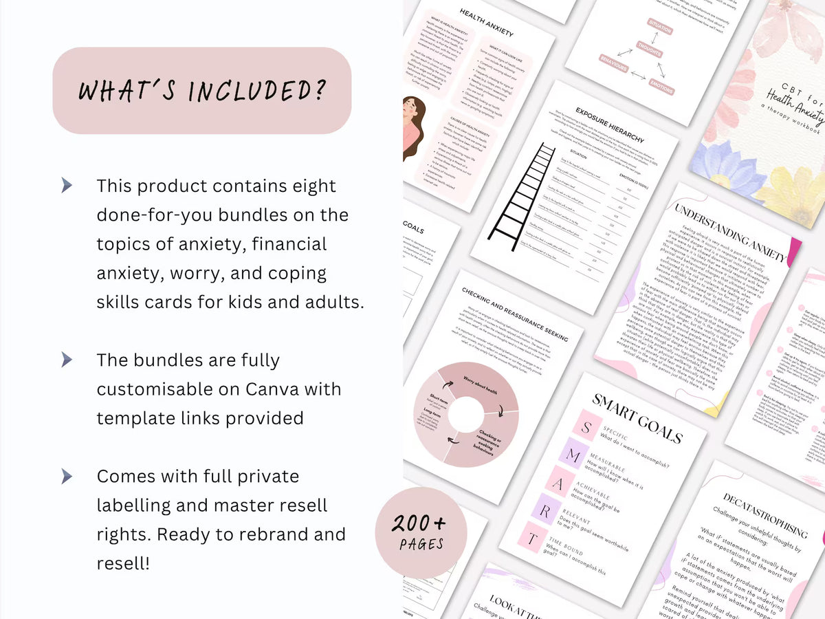 Anxiety Worksheets Bundle | MRR + PLR | CBT Anxiety Workbook, Health Anxiety, Meditation | Instant Download