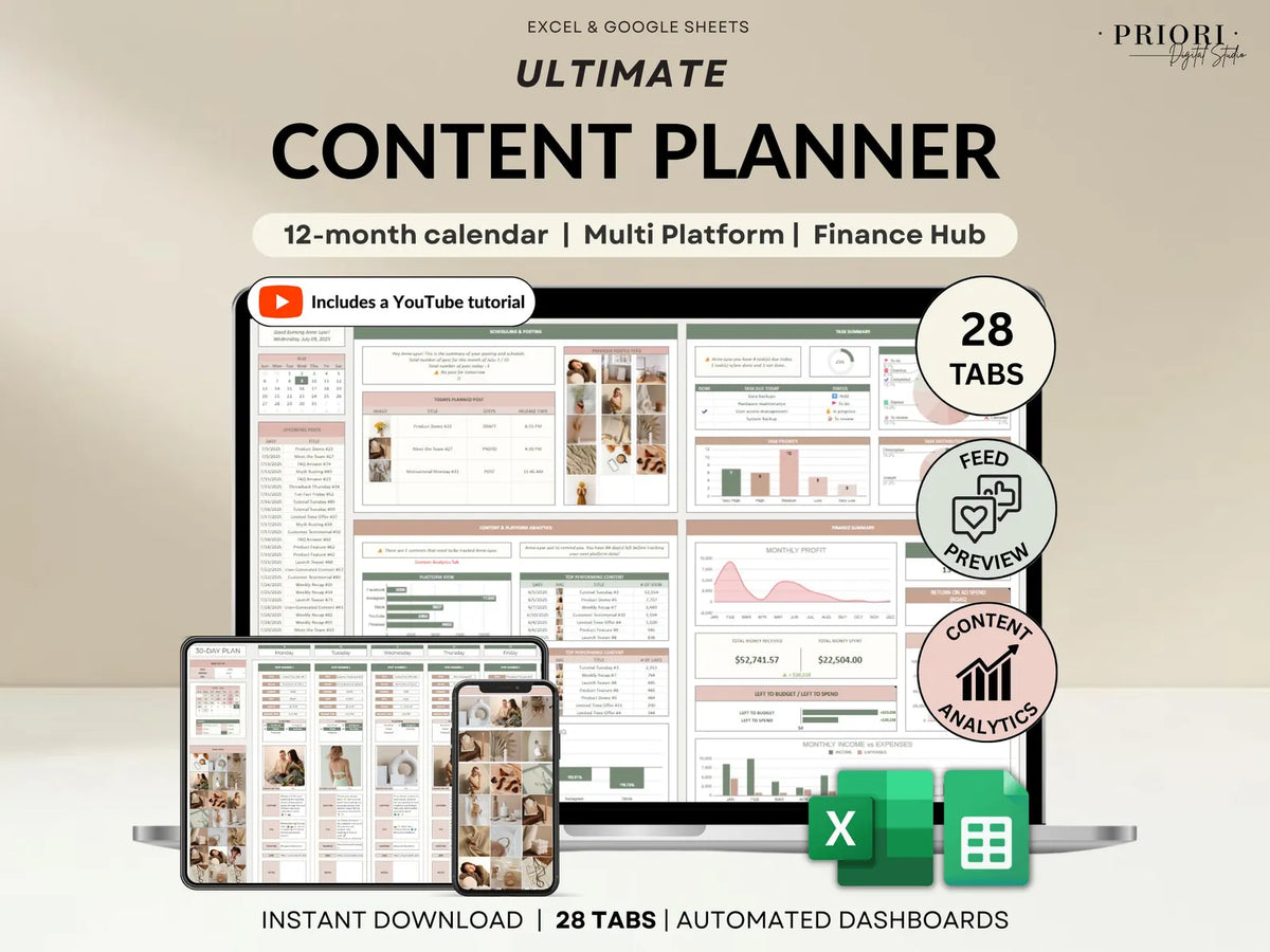 Ultimate Content Planner | Google Sheets + Excel | Social Media Calendar, Content Tracker, Finance Hub | Instant Download