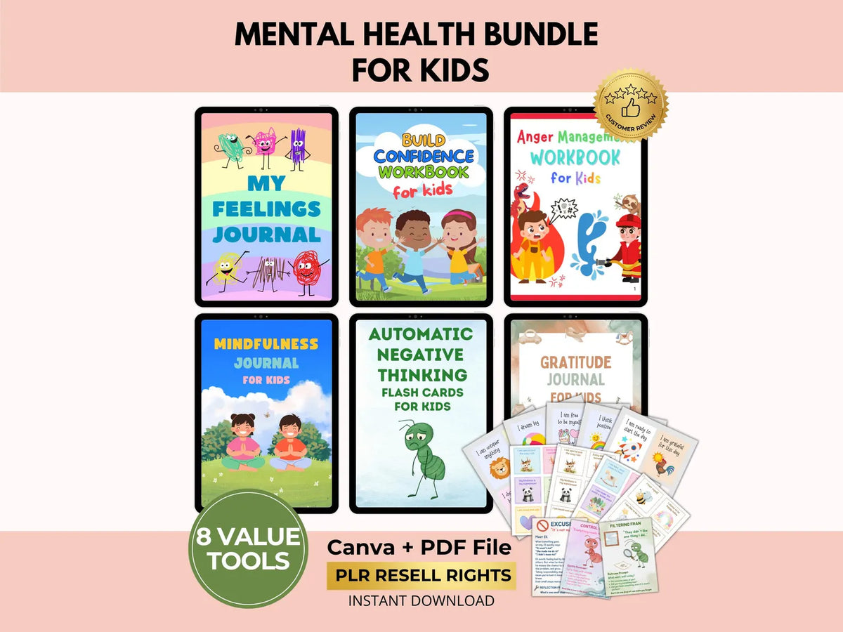 Kids Mental Health Bundle | PLR Canva Templates | Mindfulness, Anxiety, Anger, Gratitude, Worksheets for Children | Instant Download
