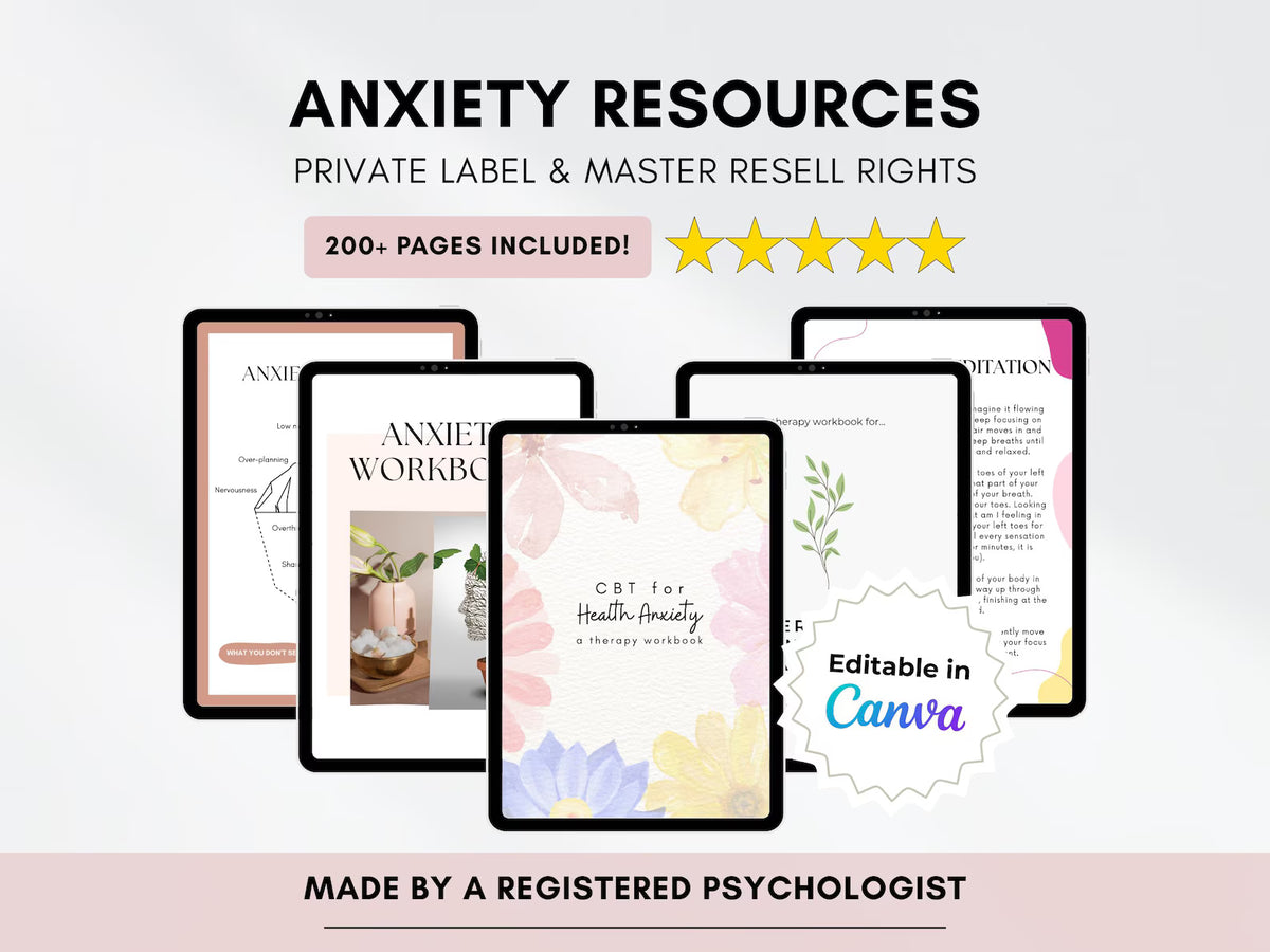 Anxiety Worksheets Bundle | MRR + PLR | CBT Anxiety Workbook, Health Anxiety, Meditation | Instant Download
