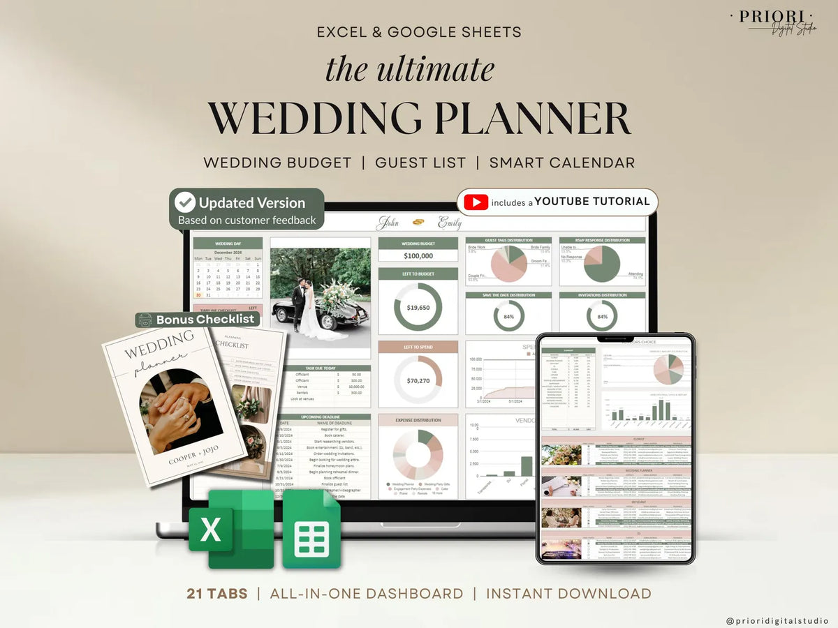 Ultimate Wedding Planner Spreadsheet | Google Sheets + Excel | Budget Tracker, Guest List, Timeline & Seating Plan | Instant Download