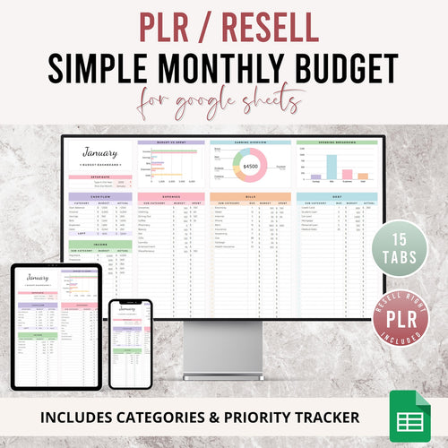 Monthly Budget Spreadsheet | PLR Google Sheets Template | 15 Tab Budget Planner + Expense Tracker | Instant Download