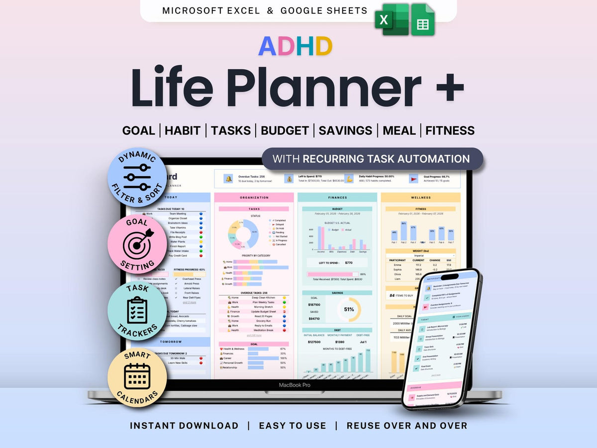 ADHD Life Planner | Google Sheets + Excel | Goal, Habit, Budget, Meal & Fitness Tracker | Instant Download