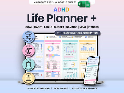 ADHD Life Planner | Google Sheets + Excel | Goal, Habit, Budget, Meal & Fitness Tracker | Instant Download