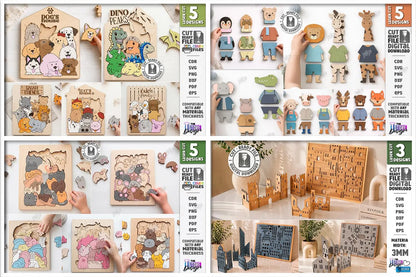 302 kids Puzzles laser cut mega bundle, Montessori laser cut, mix and match games, wooden aducation games