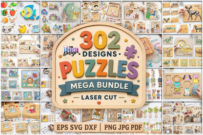 302 kids Puzzles laser cut mega bundle, Montessori laser cut, mix and match games, wooden aducation games