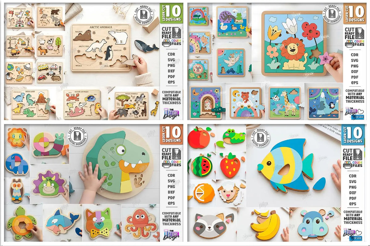 302 kids Puzzles laser cut mega bundle, Montessori laser cut, mix and match games, wooden aducation games