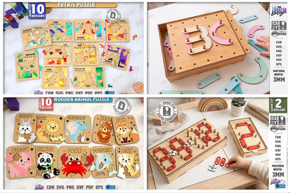 302 kids Puzzles laser cut mega bundle, Montessori laser cut, mix and match games, wooden aducation games