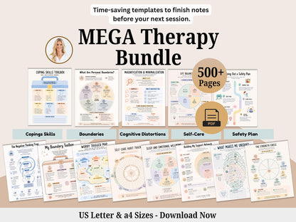 Mega Therapy Bundle | 500+ Pages of Therapy Worksheets & Activities | Anxiety, Depression, Coping Skills, Self-Care, Boundariesv