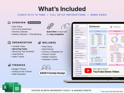 ADHD Life Planner | Google Sheets + Excel | Goal, Habit, Budget, Meal & Fitness Tracker | Instant Download