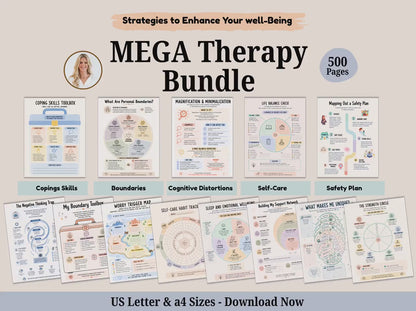 Mega Therapy Bundle | 500+ Pages of Therapy Worksheets & Activities | Anxiety, Depression, Coping Skills, Self-Care, Boundariesv